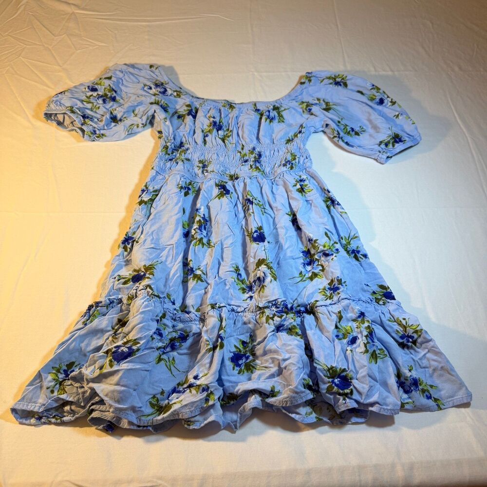 The Children's Place L 10/12 Smocked Milkmaid Girls Blue Rayon Floral Dress